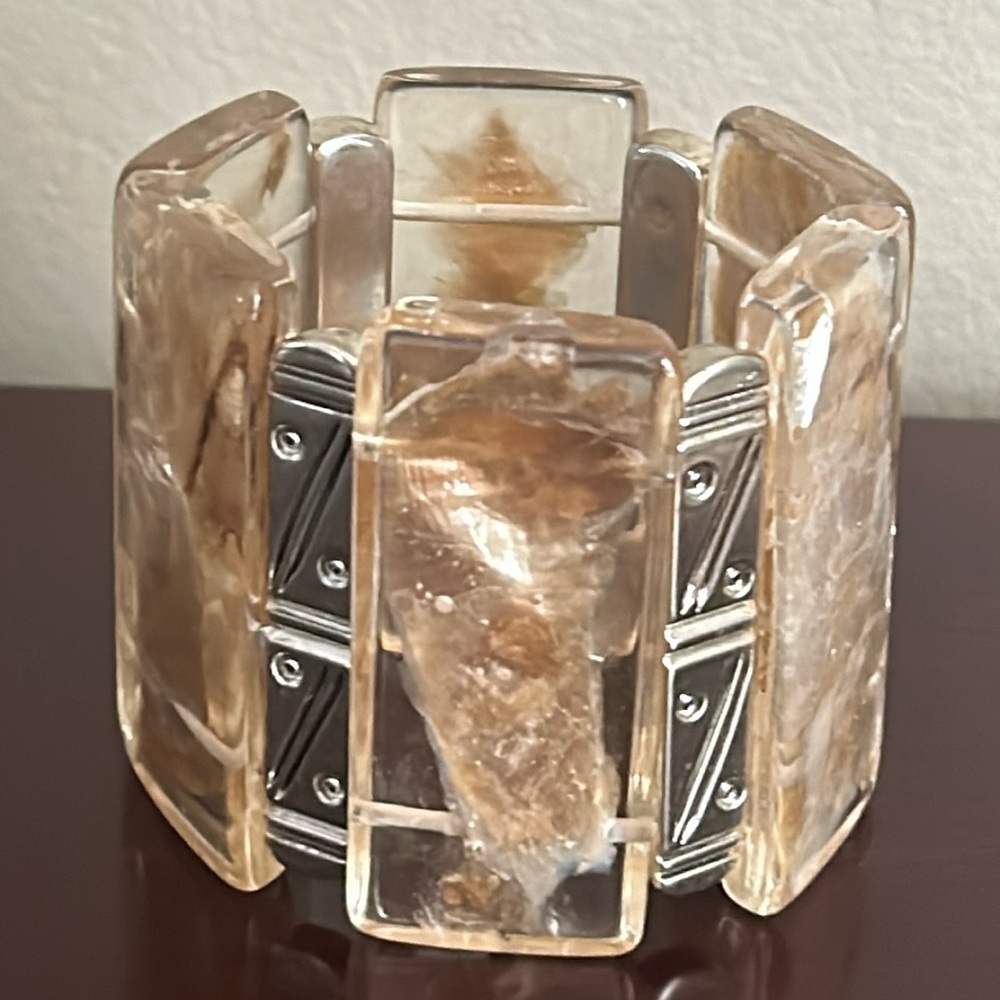 Vintage Judith Hendler lucite & acrylic foil & pearl inlay wide stretch bracelet